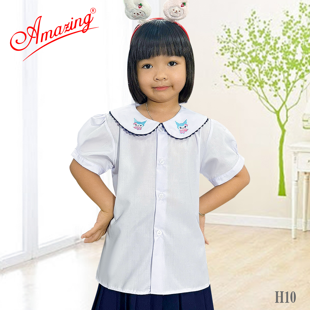 Áo trắng học sinh nữ tiểu học, cổ lá sen thêu nhiều mẫu rất xinh, tay bồng, vải KT silk mềm mượt mát