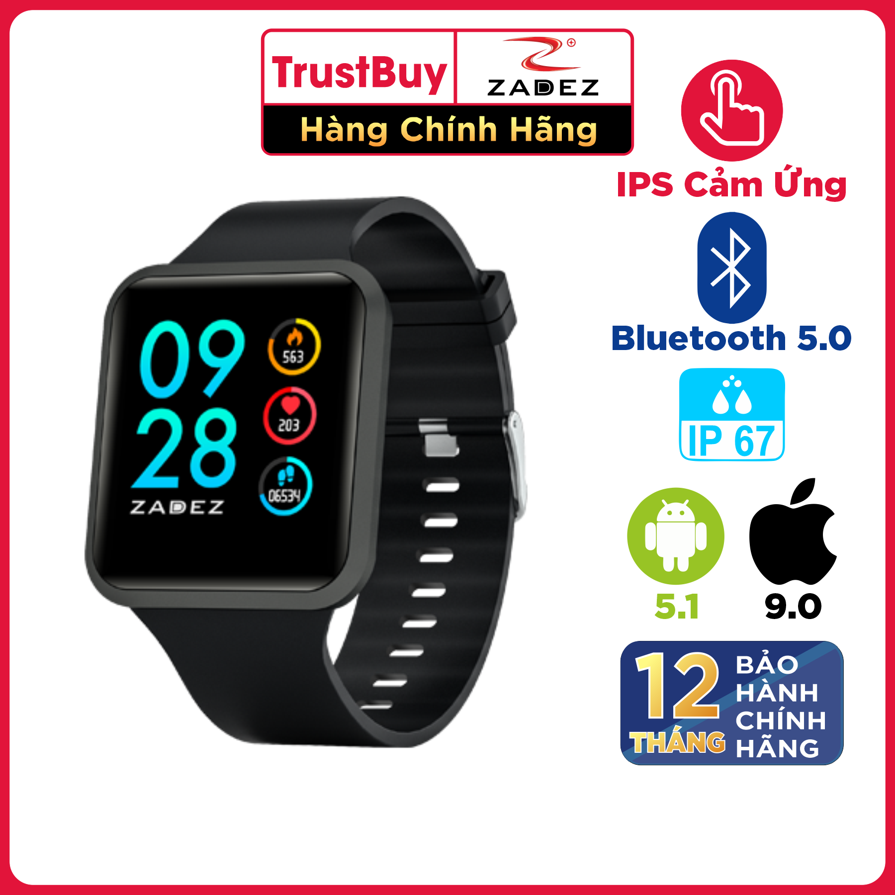 SmartWatch Đồng Hồ Thông Minh ZADEZ Square 2 Kháng Nước IP67, 8 Chế Độ Theo Dõi - Hàng Chính Hãng