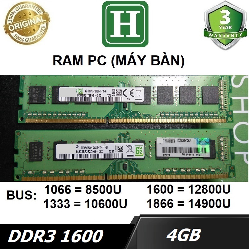 Ram PC 4GB DDR3 Bus 1600 (12800U) ram dùng cho máy bàn, desktop