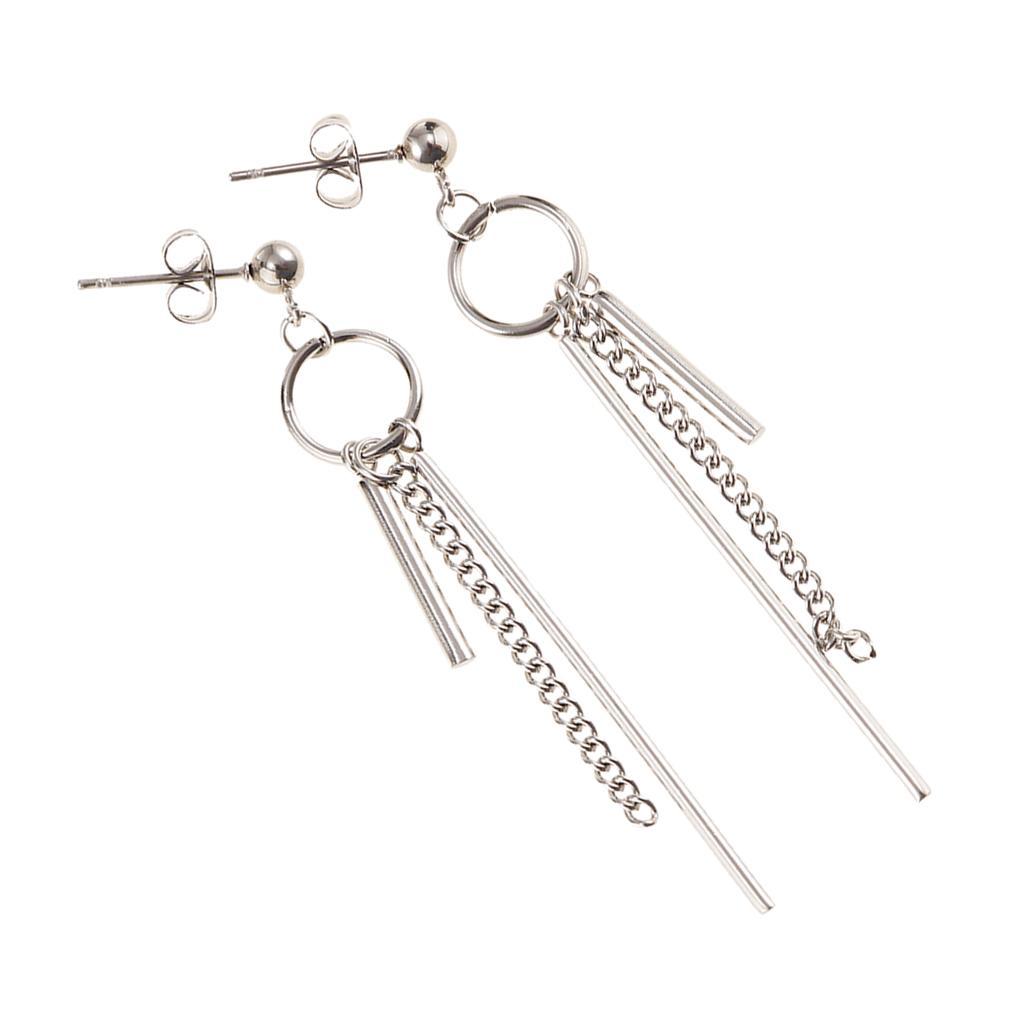 Stainless Steel Long Bar Chain Earrings Ring Loop Ear Clip
