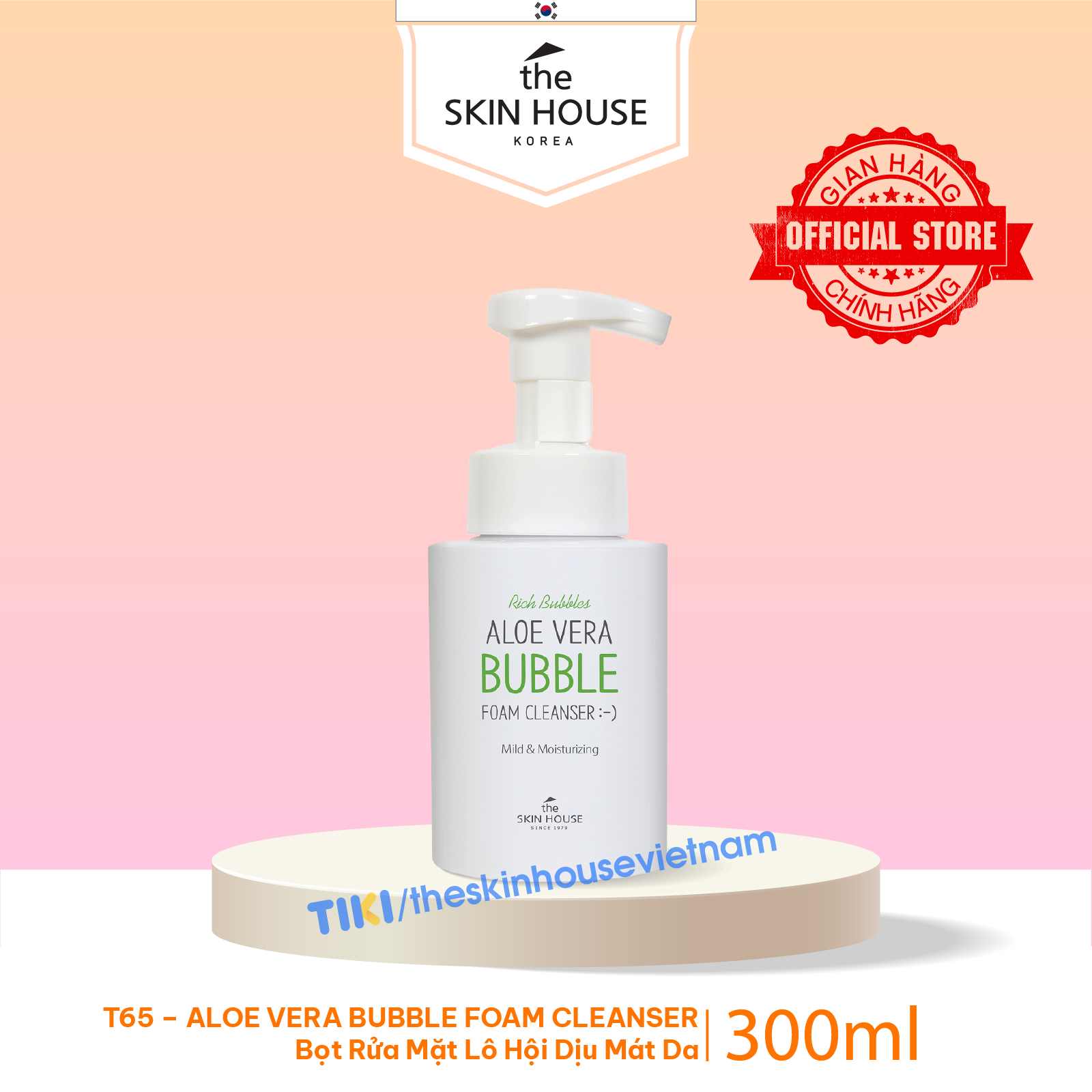 T65 Bọt rửa mặt lô hôi dịu mát da - Aloe Vera Bubble Foam Cleanser 300ml - The Skin House