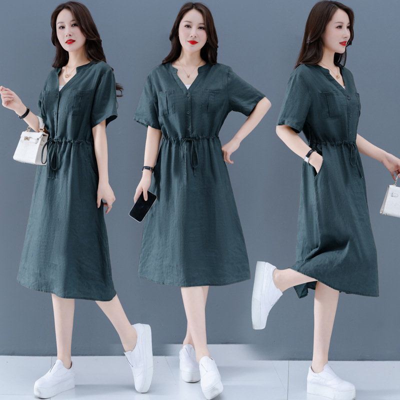 Đầm suông linen cổ V thắt eo 2 màu,thời trang nữ phong cách trẻ trung Haint Boutique Hb72