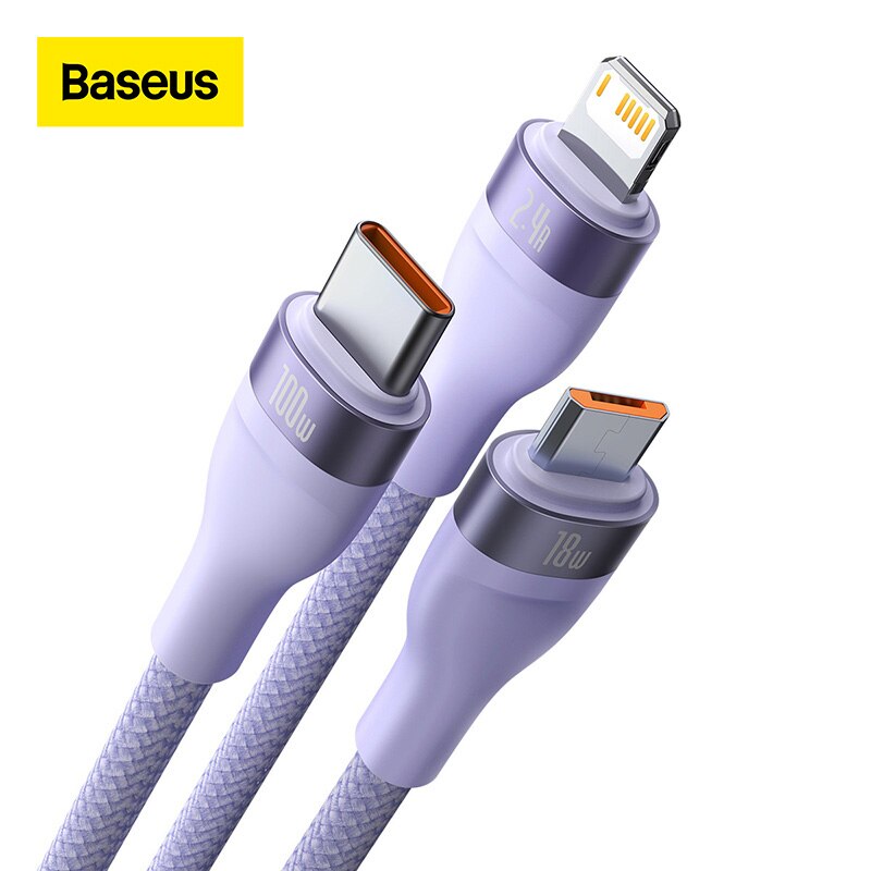 Cáp 3 đầu 100W Baseus Flash Series II One For Three Fasst Charging Data Cable USB To M+L+C- hàng chính hãng