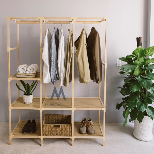 Tủ Treo Quần Áo - Giá Treo Quần Áo - Minhlongwood 3 Buồng 7 Ngăn - M38 Trang Trí Nội Thất-Màu Gỗ Tự Nhiên