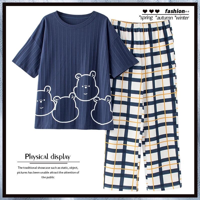 Bộ Mặc Nhà Pyjama Áo Cộc Quần Dài Cổ Tròn Chất Cotton Thấm Hút Co Dãn Mềm Mại