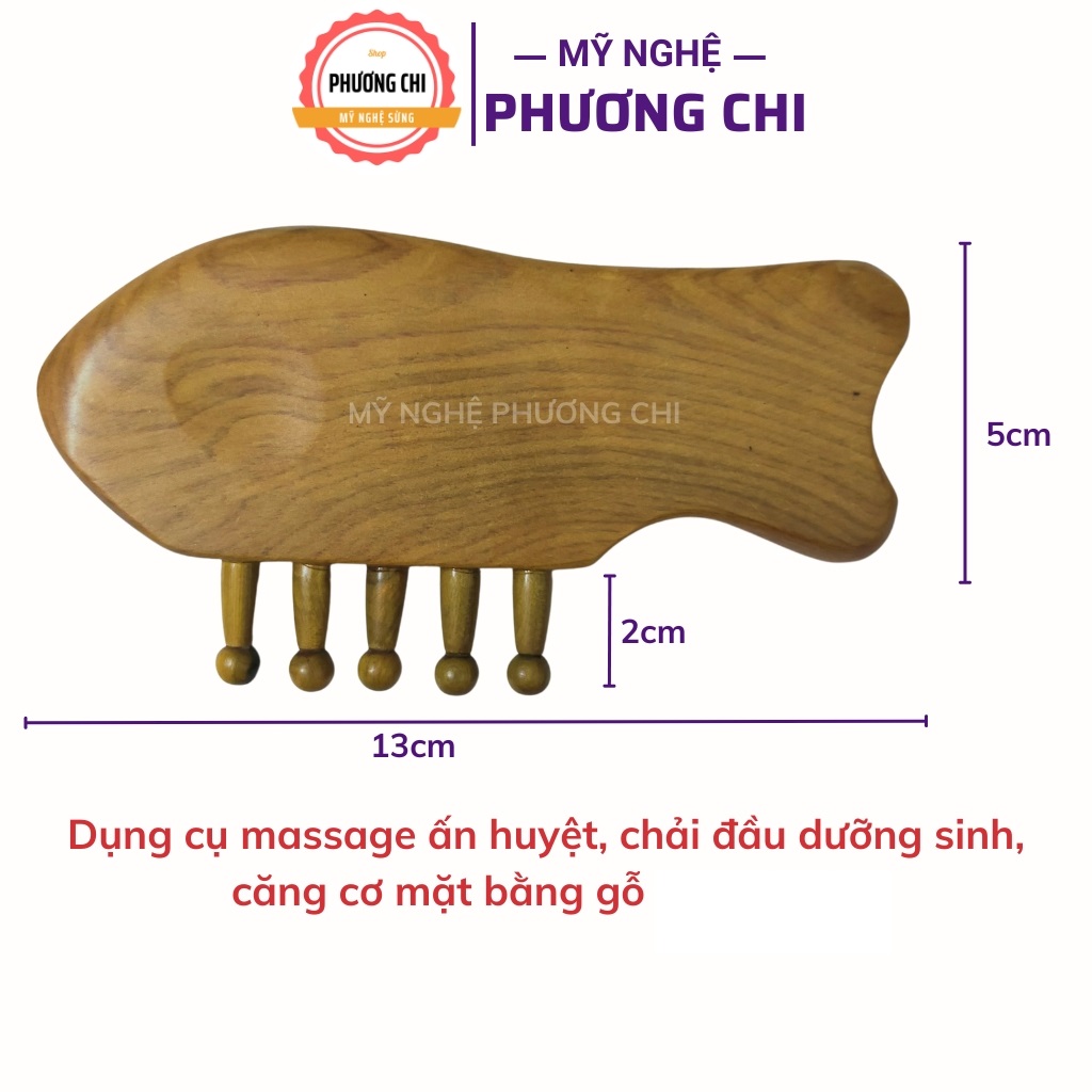 Lược mát xa cá 5 chân bằng gỗ bách xanh, Lược chải thông kinh lạc, dụng cụ cạo gió | Mỹ nghệ phương chi