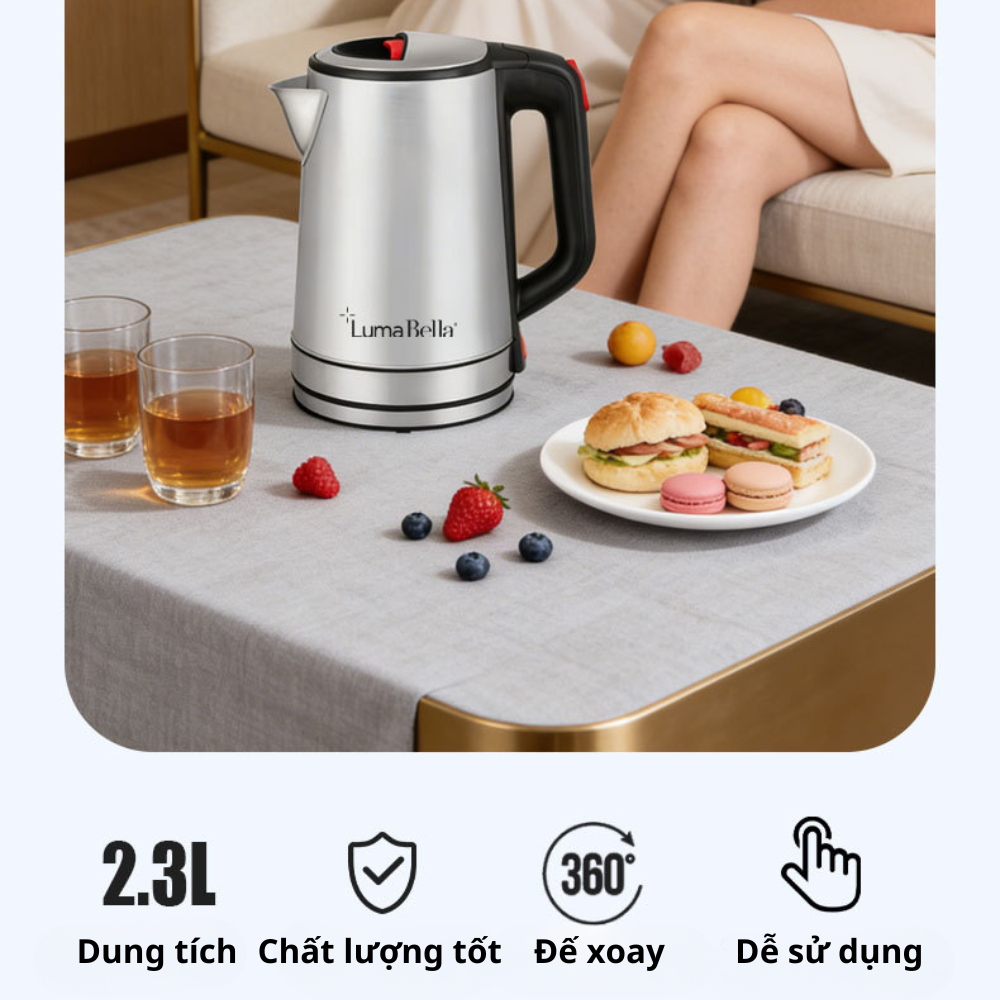 Ấm đun nước siêu tốc INOX304 Lumabella B-3013 dung tích lớn 2.3L, công suất cao 1500W, hâm nước pha sữa nhanh chóng, dễ sử dụng, vô cùng tiện lợi - DELIYA - HÀNG CHÍNH HÃNG