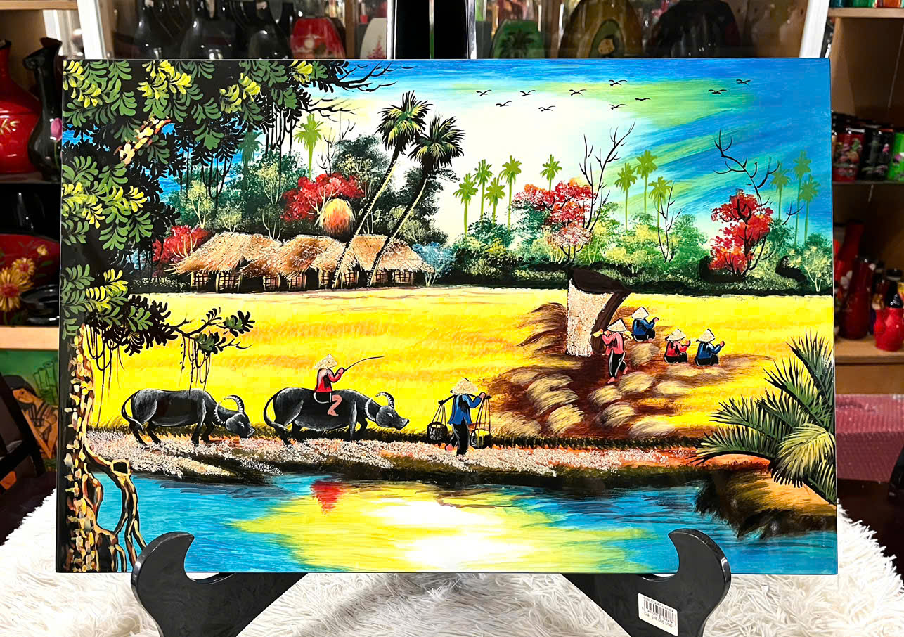 Tranh sơn mài đồng quê vẽ màu Thanh Bình Lê 40x60 cm