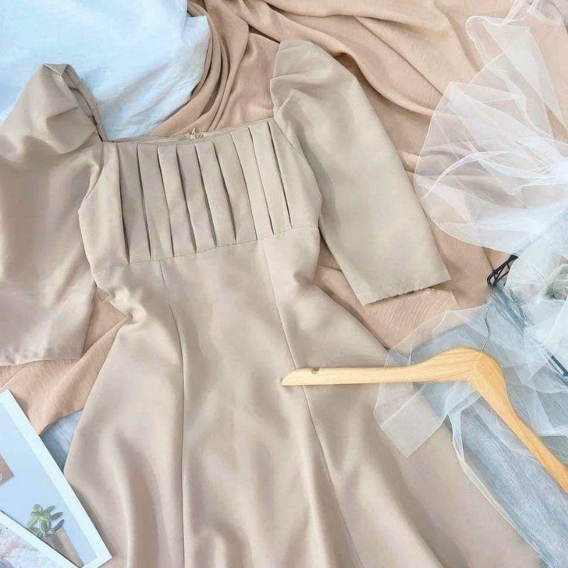 Đầm váy nữ nude xếp li ngực tay lửng TKN