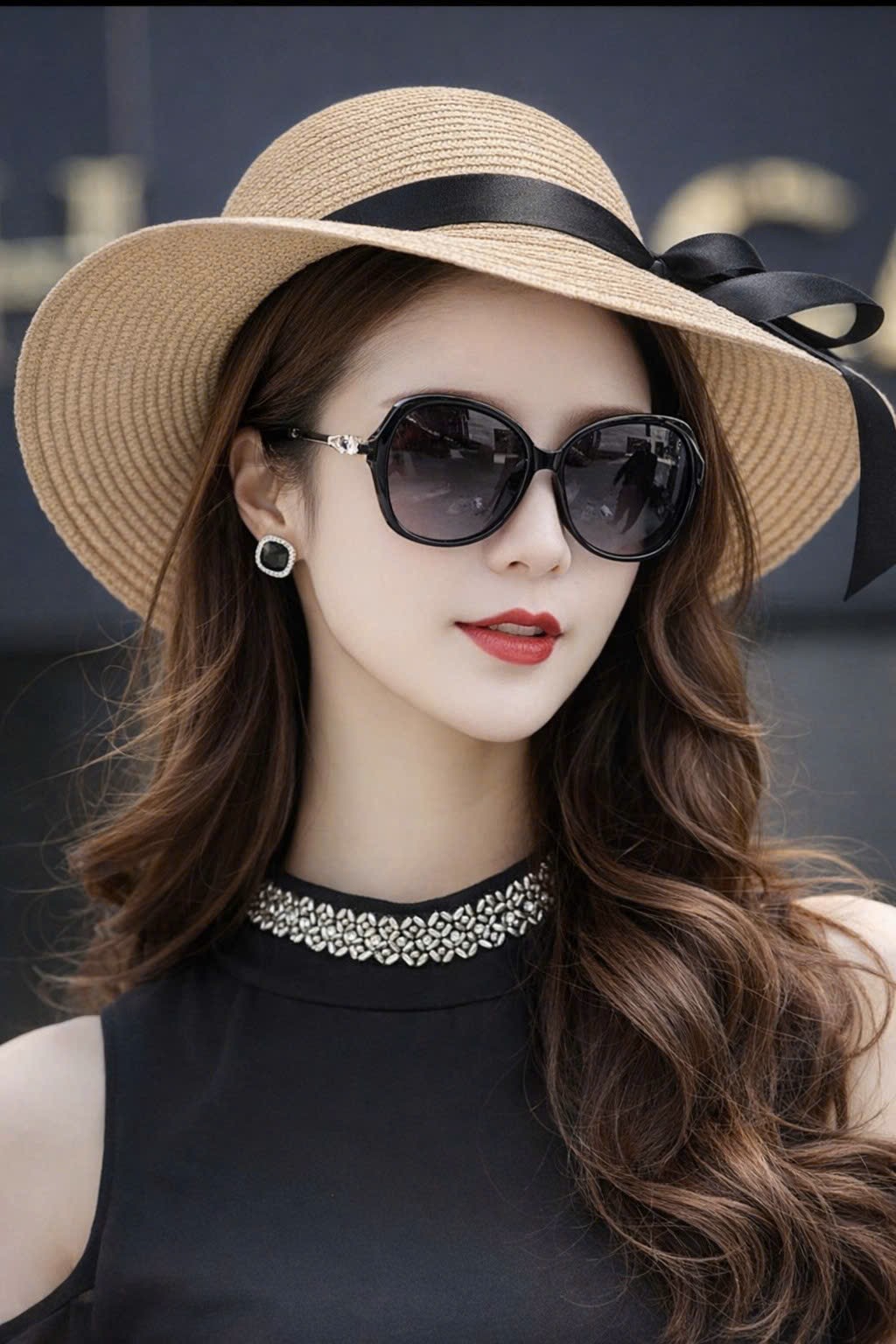 Mũ rộng vành đi biển chất liệu cói thoáng mát nón rộng vành chống nắng UV đai nơ đen cho nữ mẫu mới