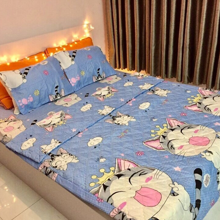Set 5 món chăn hè ga chun Cotton Poly - Mèo - Tặng kèm 1 móc khóa Houston