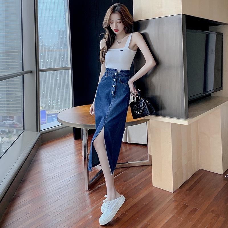 Chân Váy Jeans Aiori Denim Chữ A Lưng Cao Ôm Dáng Xinh Xắn Lưng Kiểu 4 Nút Theo Phong Cách Hàn Quốc_Mã 4210