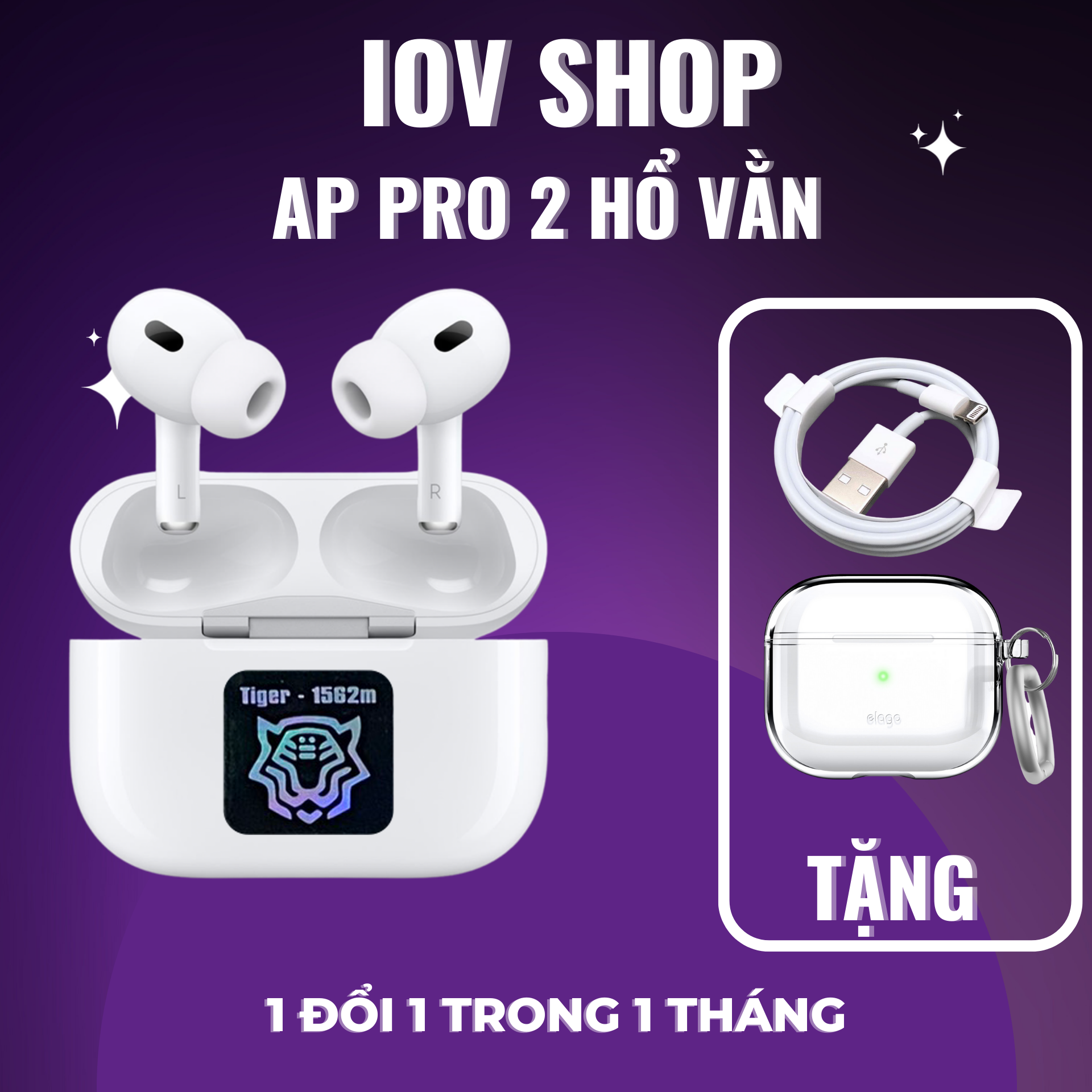 Tai nghe Bluetooth AirPodsPro Gen 2 Hổ Vằn 1562M | Chống ồn xuyên âm | Pin trâu | Sạc không dây - IOV SHOP