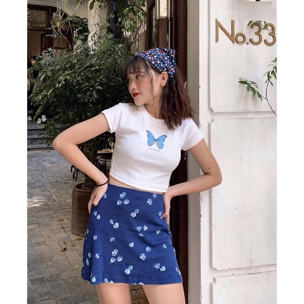ÁO CROPTOP THUN NGẮN - ÁO KIỂU CRT NGẮN TAY CỔ TRÒN IN BƯỚM