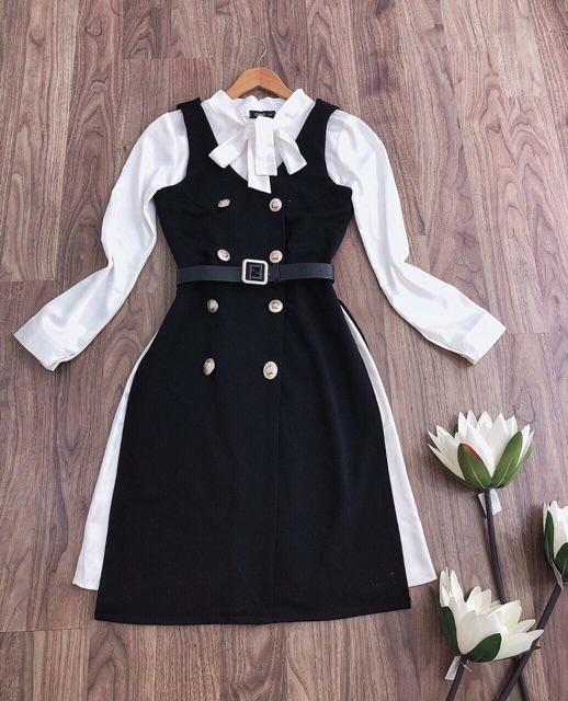 Set yếm khuy phối váy lụa tầm nơ cổ siêu sale