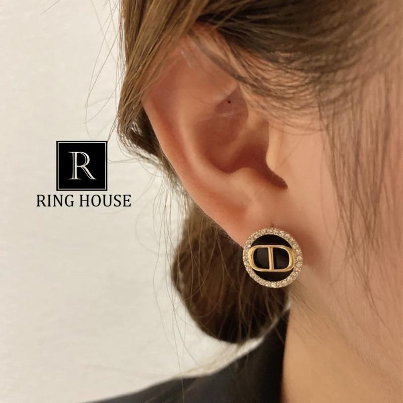 Khuyên tai bông tai nữ tròn đen viền ngọc sáng đẹp Ring House