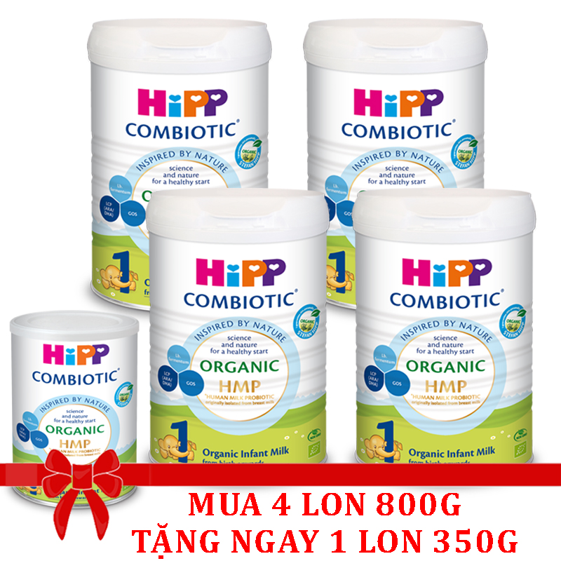 Combo 4 lon Sữa bột Hipp số 1 Organic Combiotic HMP 800gr Mẫu Mới tách tem tặng 1 lon 350g