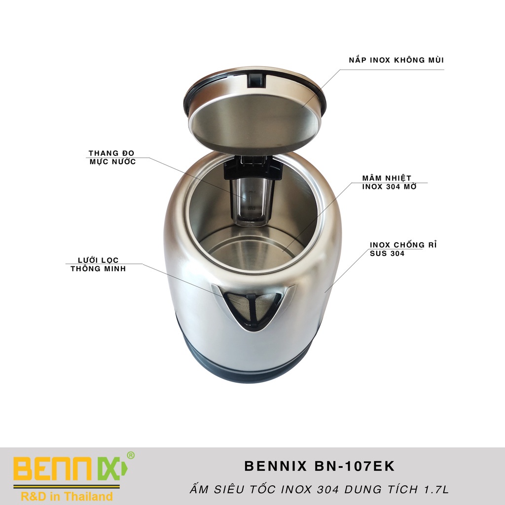 Ấm đun siêu tốc inox cao cấp Bennix BN-107EK - 2200W - 1,7L - Hàng chính hãng