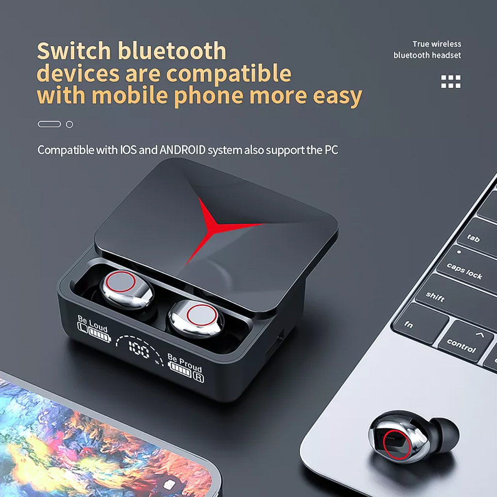 Tai nghe không dây gaming M90 Pro bluetooth 5.2 công nghệ cảm biến chạm, nắp trượt, pin 4h, kiêm sạc dự phòng, không có độ trễ, chipset xịn - hàng chính hãng