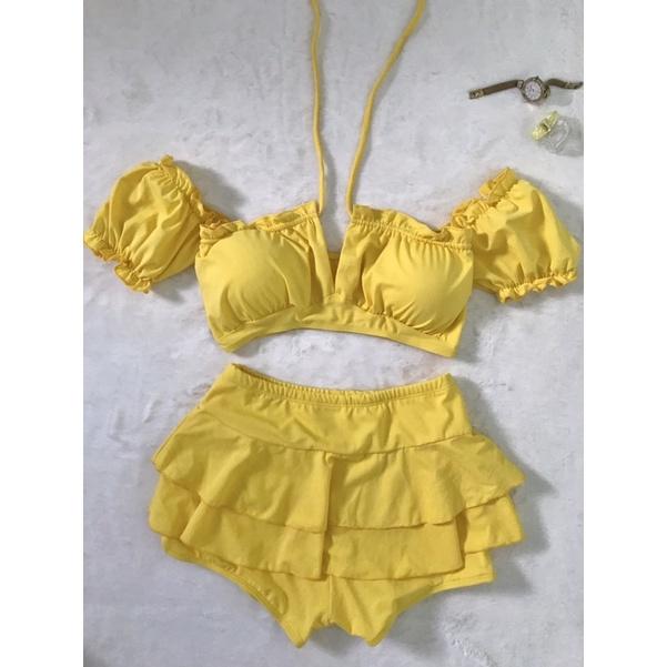 Bikini, đồ bơi đi biển 2 mảnh nữ áo tay phồng Hiền Hồ phối váy 2 tầng đẹp HM-070