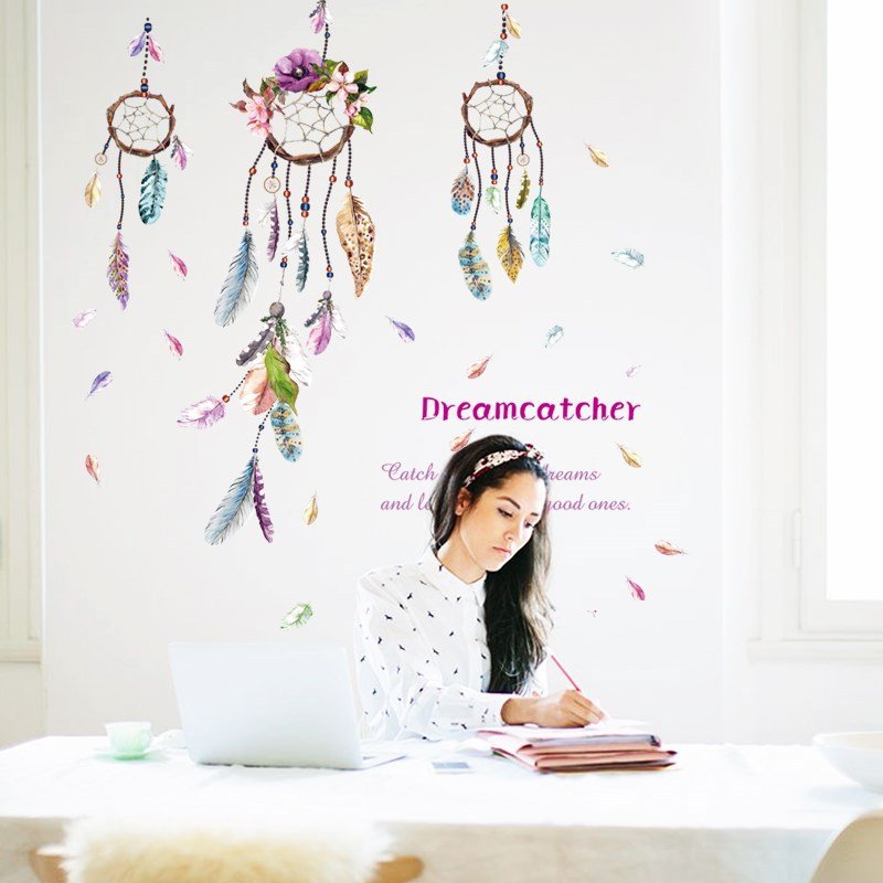 Decal dán tường phòng ngủ dễ thương combo cô gái và dreamcatcher