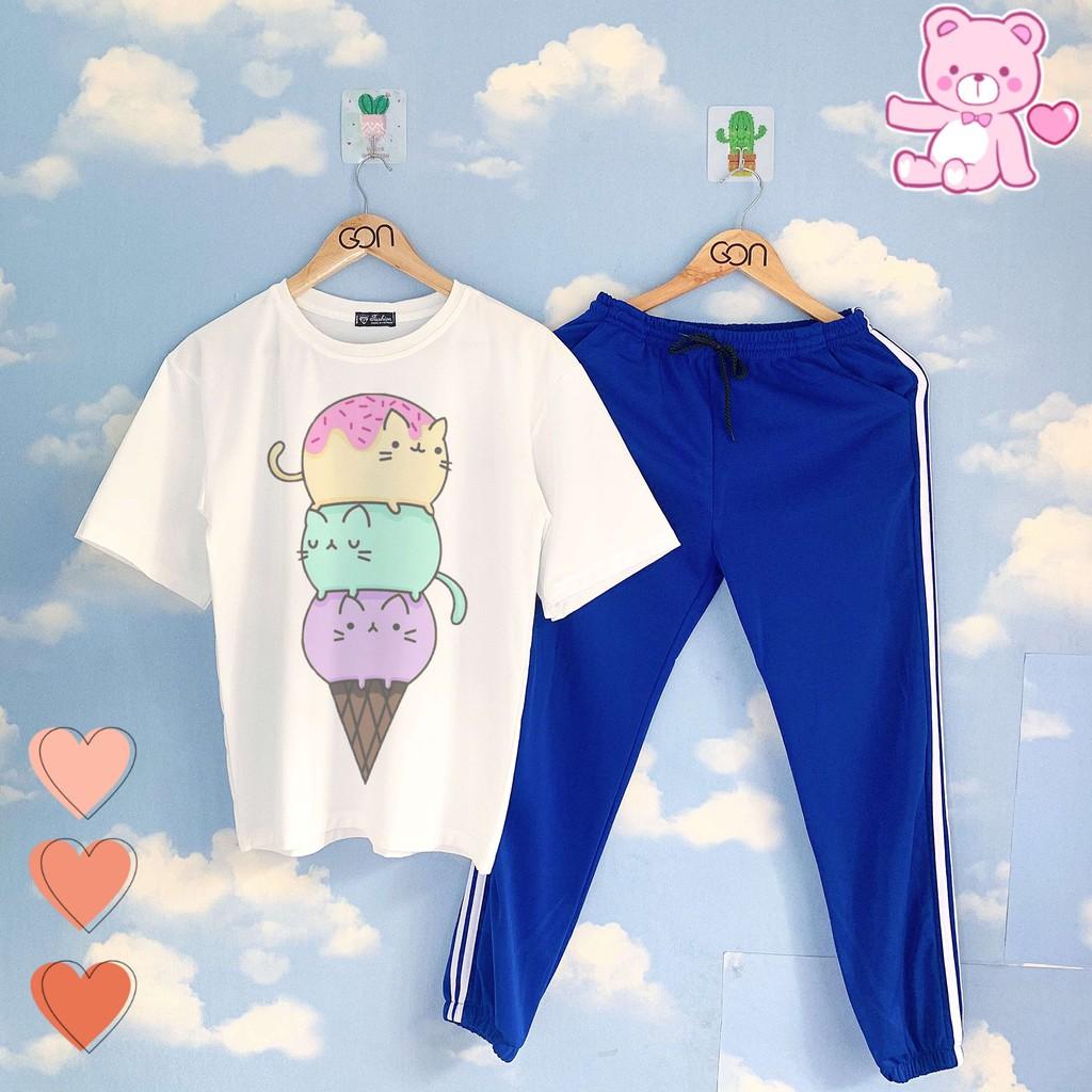 Set áo tay lửng quần thun 2 sọc XANH unisex, quần dài 2 sọc, 3 sọc Áo tay lỡ và quần thể thao