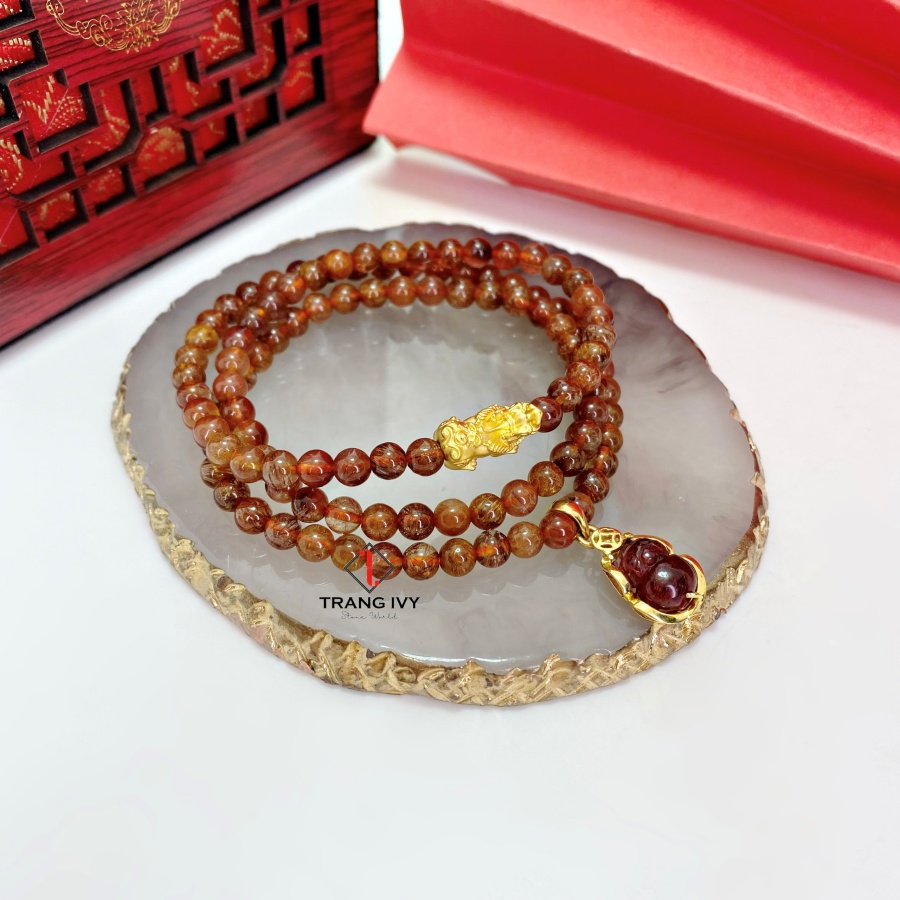 Chuỗi Vòng Tay Thạch Anh Tóc Nâu Mix Charm Tỳ Hưu Vàng 24K Và Tỳ Hưu Thiên Lộc Bọc Vàng 10K