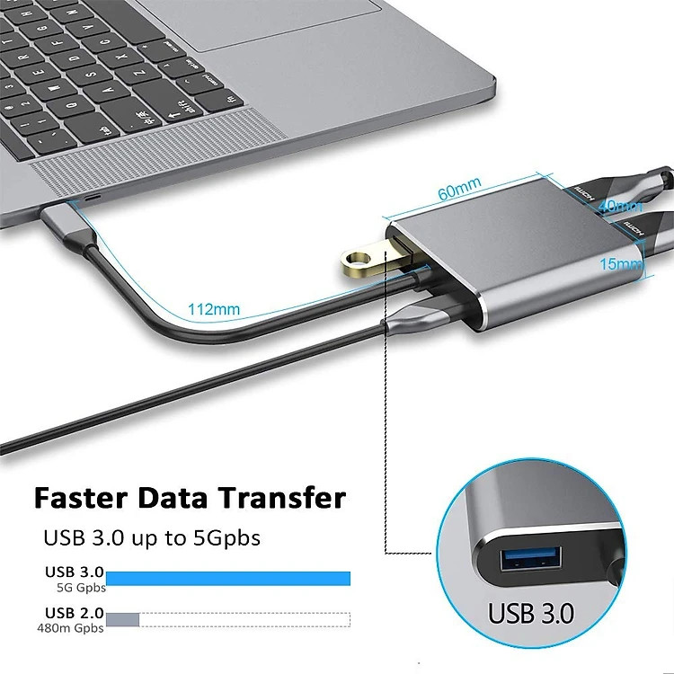 Cáp chuyển đổi USB Type-c ra 4 cổng HDMI/VGA/USB và cổng sạc hỗ trợ chế độ Dex - hàng chính hãng