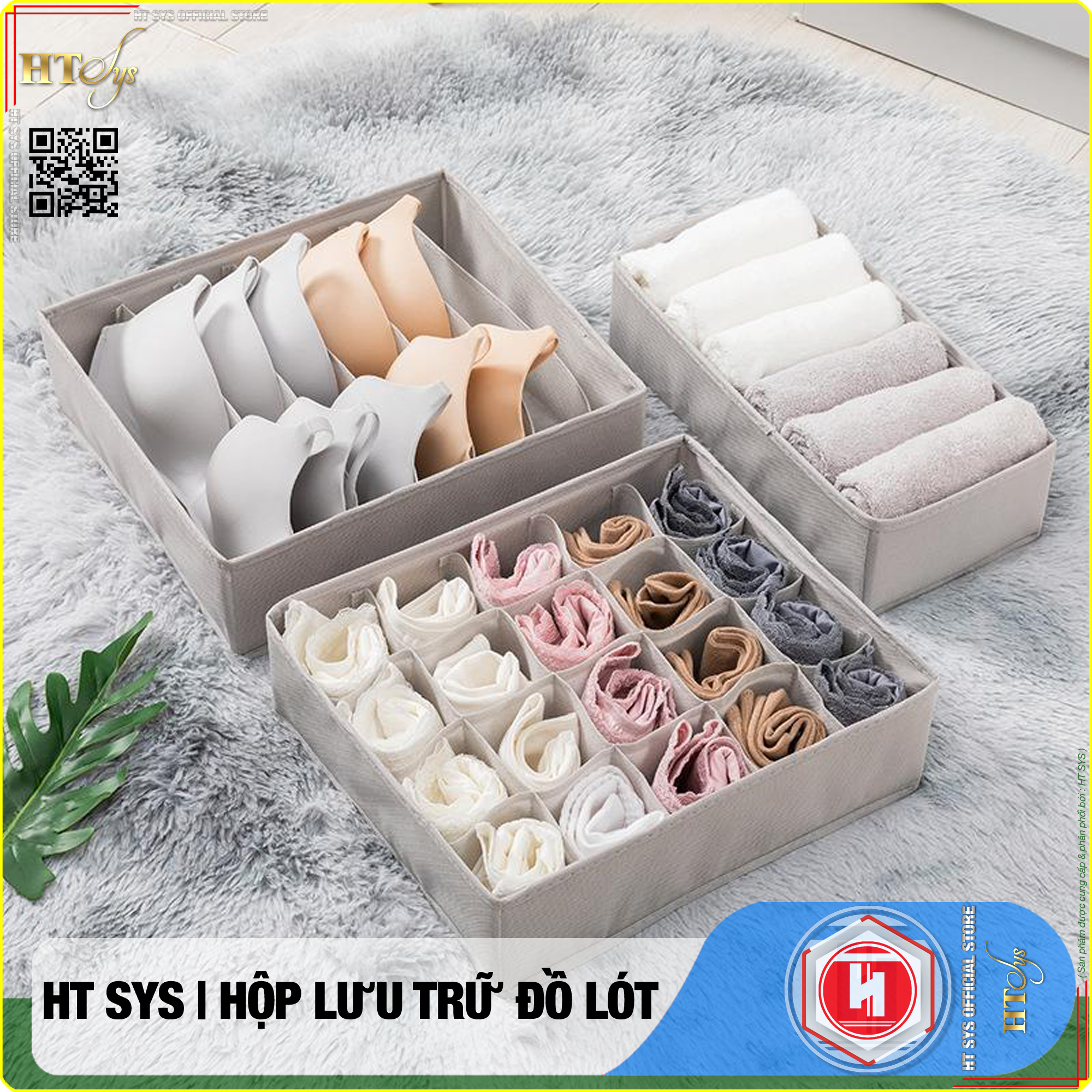 Combo 3 hộp vải đựng bảo quản đồ lót HT SYS - Khay đựng quần áo tất vớ bằng vải không dệt tiết kiệm diện tích 6, 7, 20 ngăn - Hàng Chính Hãng