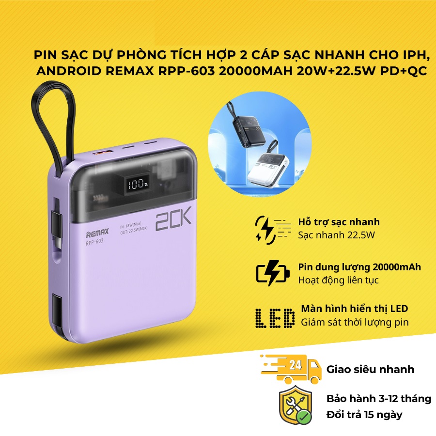 Pin sạc dự phòng Sothing Remax RPP-603 20000mah 2 cổng sạc nhanh, IOS, ANDROID màn hình LED hiển thị- Hàng chính hãng