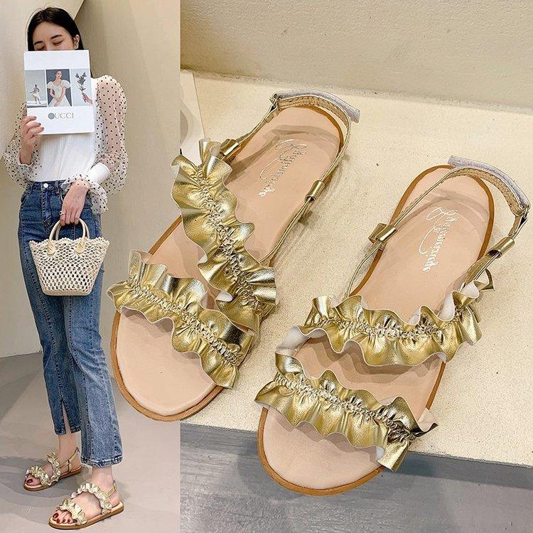 Fashion Round Head Solid Color Open Toe Low Heel Flat Sandals for Women