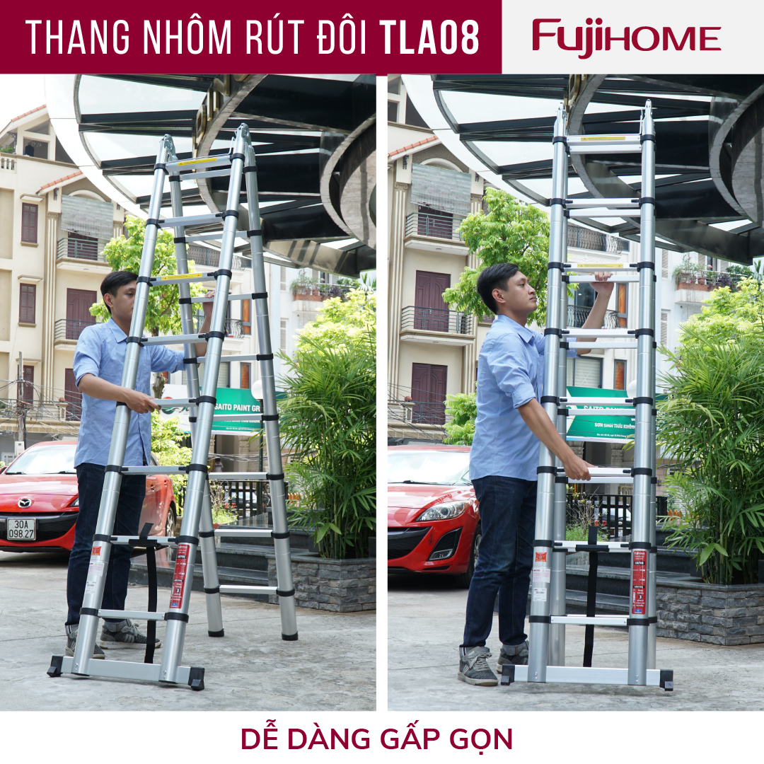 Thang nhôm rút gọn chữ A  FUJIHOME TLA08 ( Chiều cao chữ A  2,5m - Cao chữ I 5m, Khóa an toàn, đế chống trượt) Hàng Chính hãng