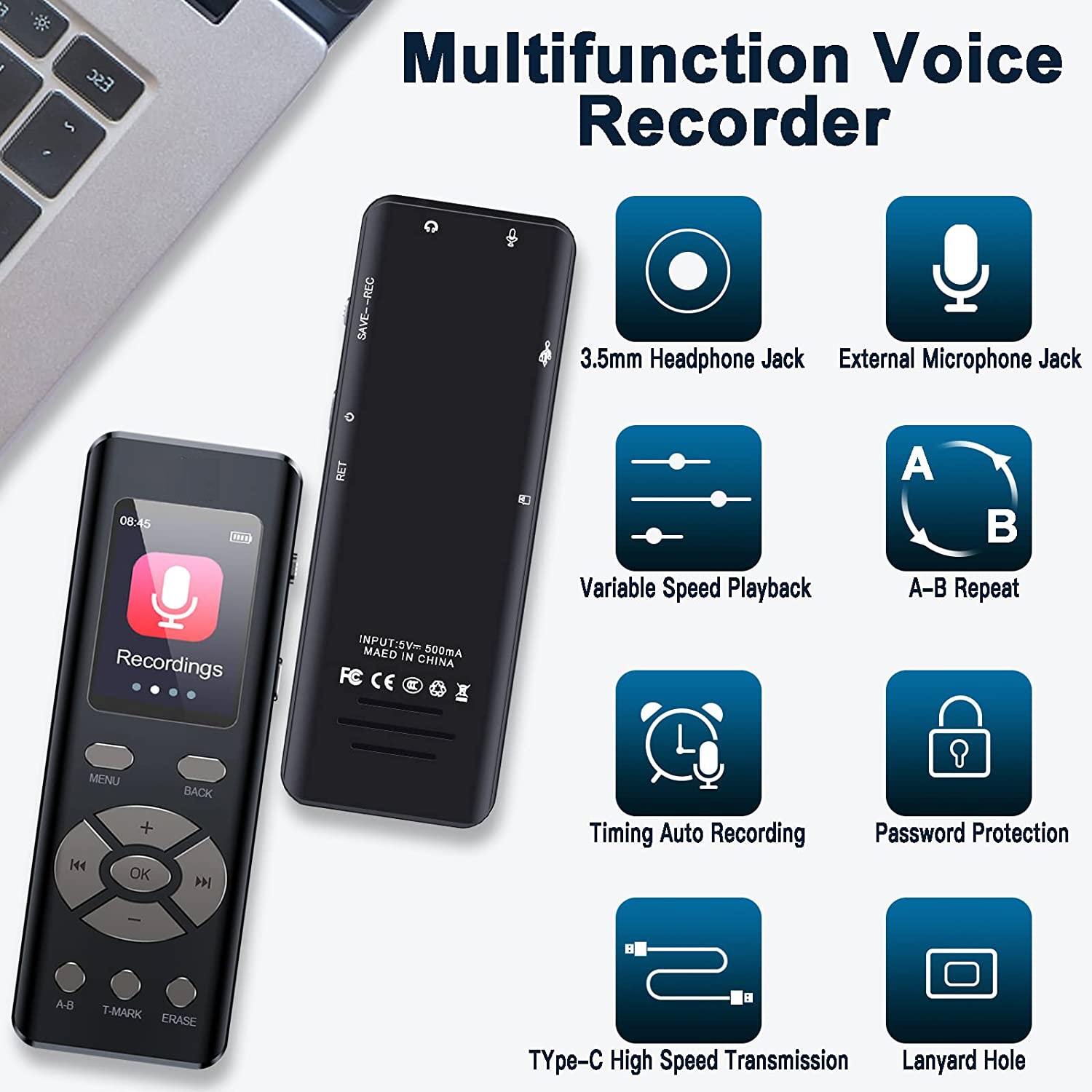 ROGTZ - Máy Thu Âm Chuyên Nghiệp V3/A903 Màn hình TFT 1.44 inch Giao diện Type-C USB2.0 Thẻ TF (hỗ trợ tối đa 64G) Pin Polymer 3.7V 400mAh Lọc tạp âm Định dạng nhạc MP3/WAV/WMA/APE/FLAC Định dạng ghi MP3/WAV Phát nhạc 10-20h - Hàng Chính Hãng