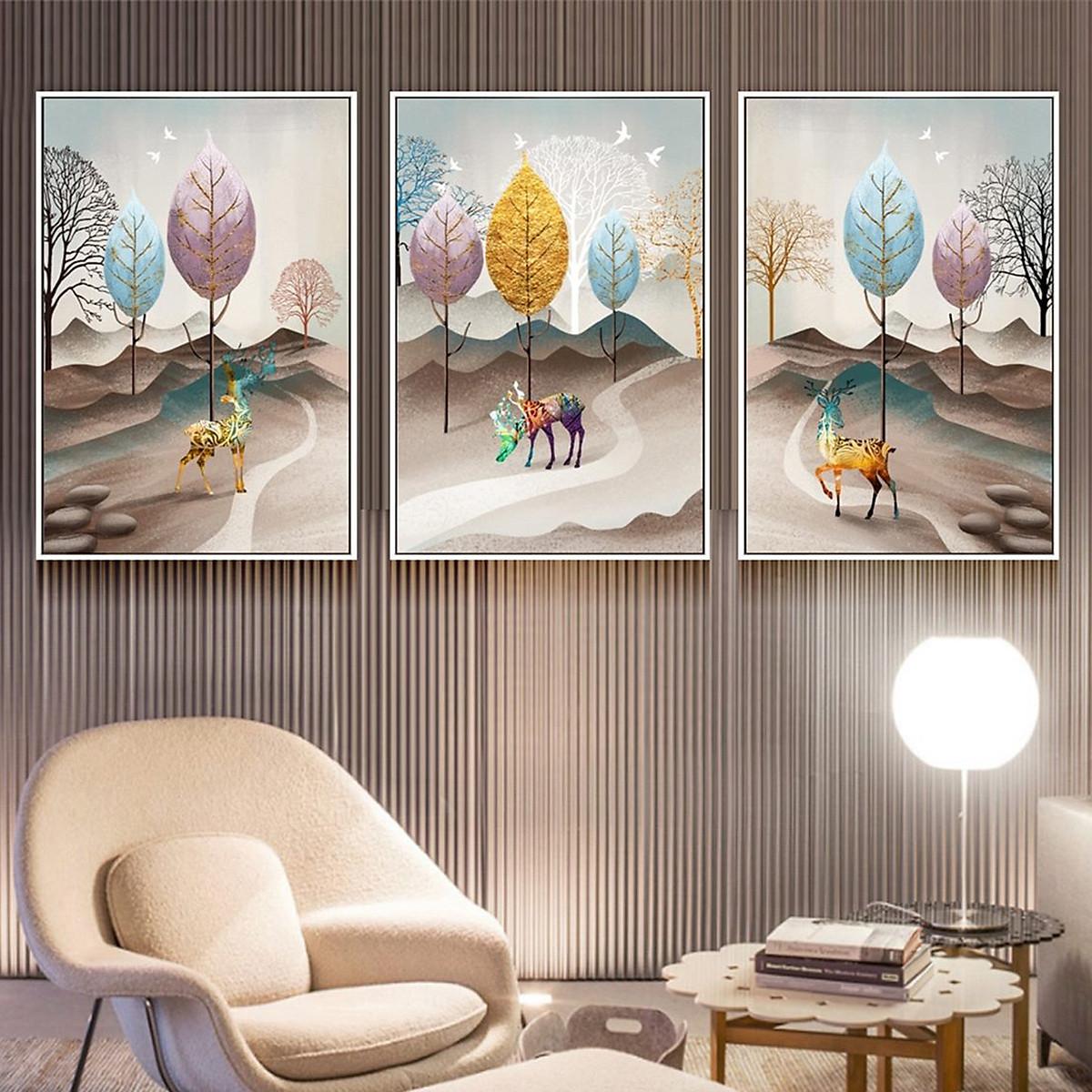 Tranh Tráng Gương Treo Tường Hiện Đại _ Tranh Pha Lê Bộ 3 Những Chú Hươu Trong Rừng