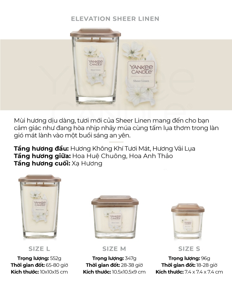 Nến ly vuông Elevation Yankee Candle size S- Sheer Linen (96g)