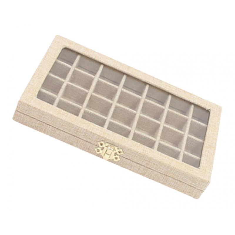 Sackcloth Linen Clear Lid Jewelry Tray Showcase Display Storage Box