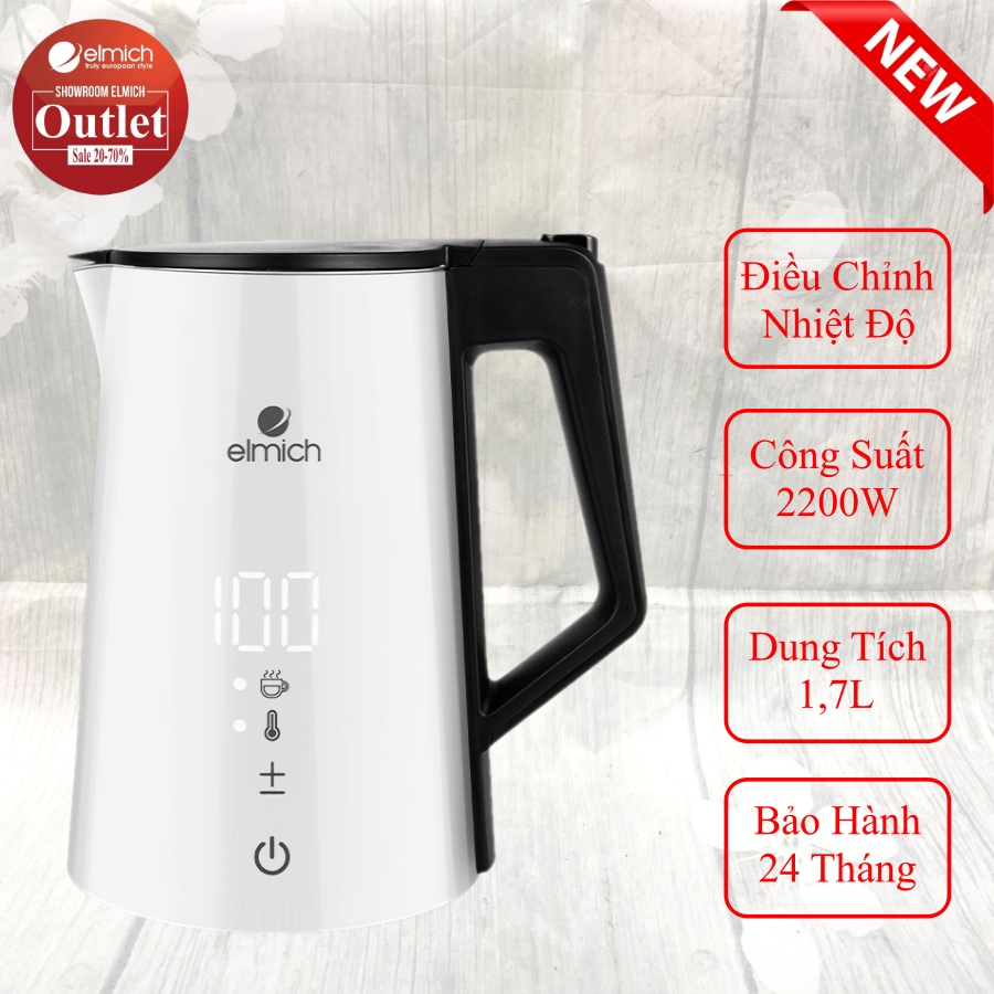 Ấm Siêu Tốc Đun Nước ELMICH 1.7L Bình Đun Nước Siêu Tốc Hiển Thị Nhiệt Độ EL3856W Hàng Chính Hãng