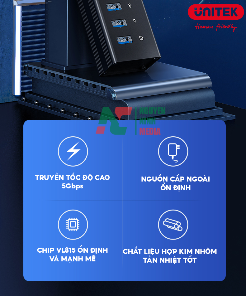 Bộ Chia USB 3.0 10 Cổng UNITEK H305A Tốc Độ Cao 5Gbps - Hàng Chính Hãng