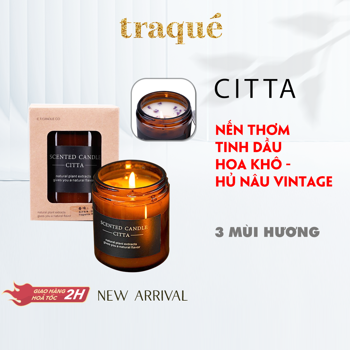 Nến thơm Citta hủ nâu có nắp trang trí hoa khô - Phong cách cổ điển vintage