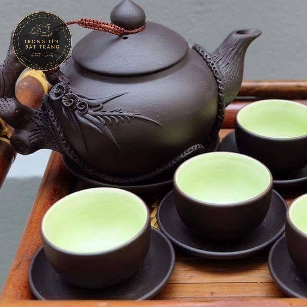 Bộ Ấm Chén Trà Đạo Gốm Tử Sa Bát Tràng Đắp Nổi Hoa Lan Dáng Thủy Bình Dung Tích 400ml ATSML 06.2
