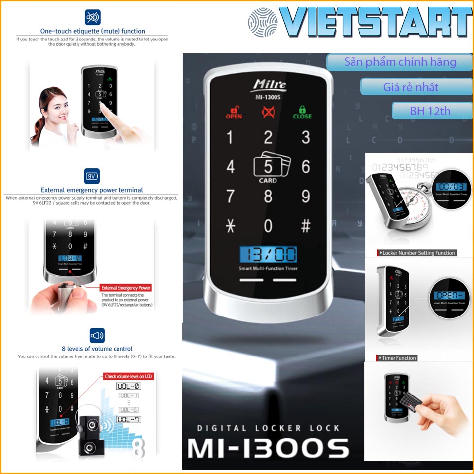 Khóa thông minh Hàn Quốc Milre Mi 1300S - Mở khóa vân tay,Thẻ từ.