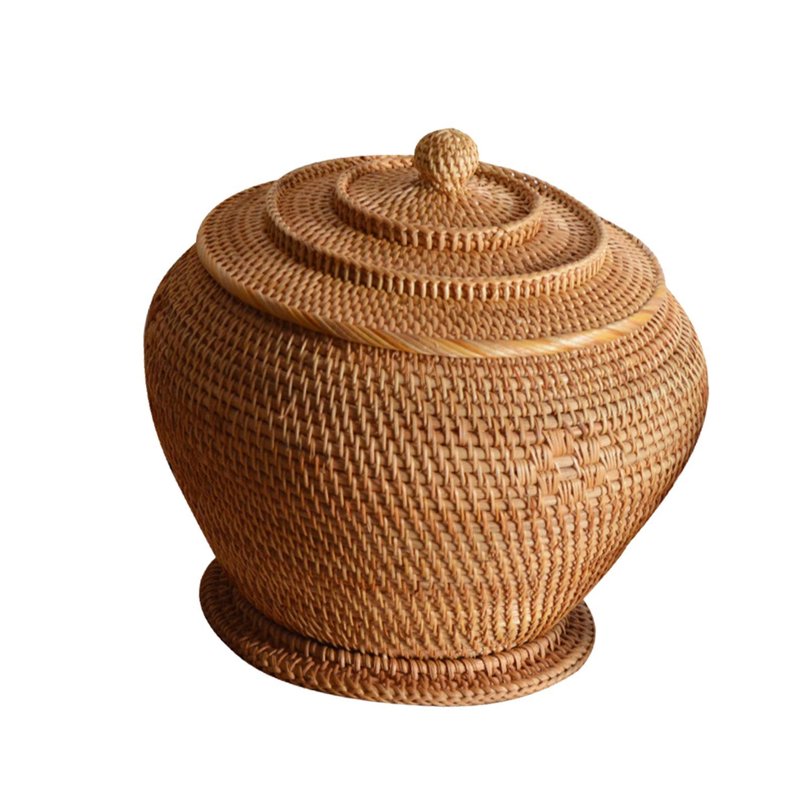 Rattan Woven Basket with Lid Durable Organizer Round for Vegetable Kitchen