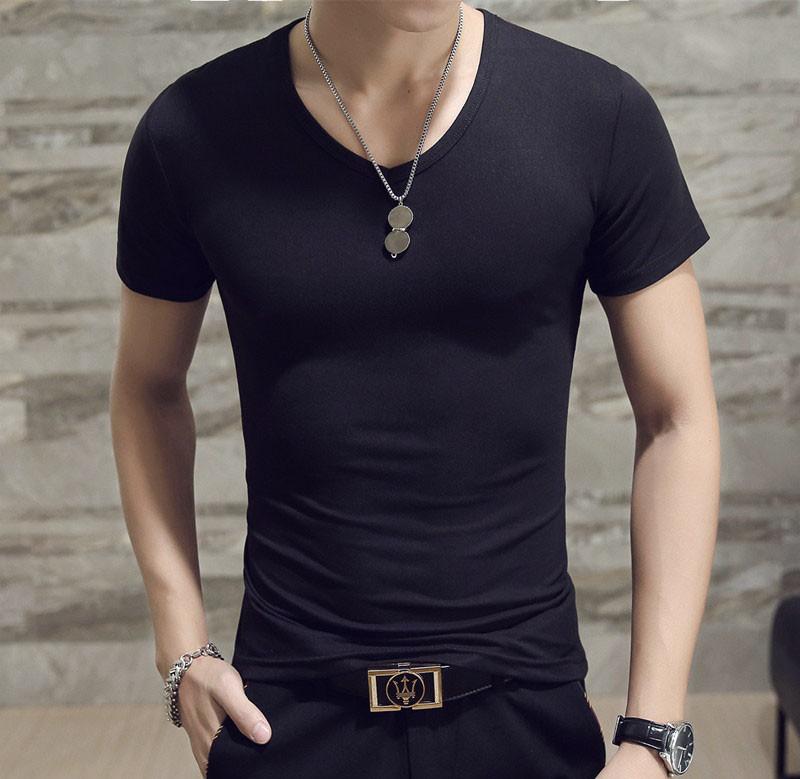 Áo phông nam cộc tay cổ tim chất vải cotton thun lạnh dáng body thấm hút mồ hôi tốt