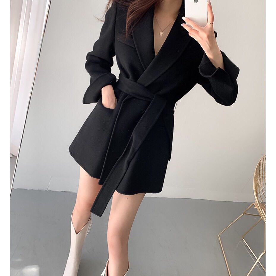 Áo khoác dạ len cổ vest thắt đai thời trang Hàn Quốc