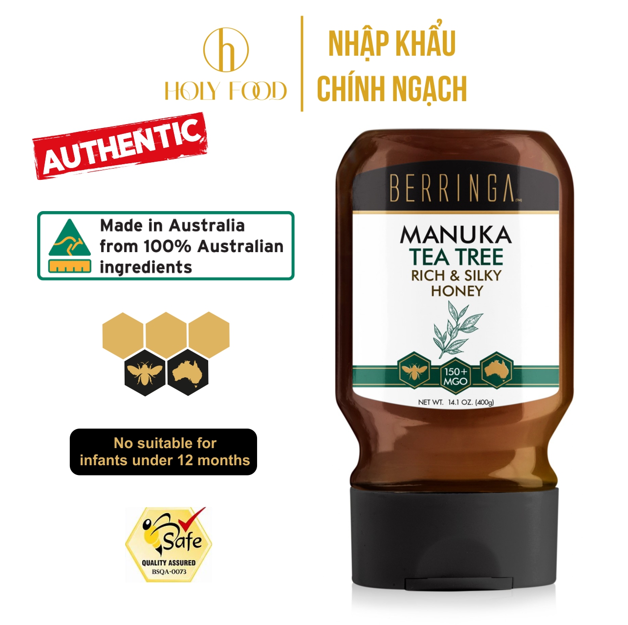 Mật ong Berringa Manuka Tea Tree Rich & Silky Honey MGO 150+, 400gram, hàng chính hãng ÚC
