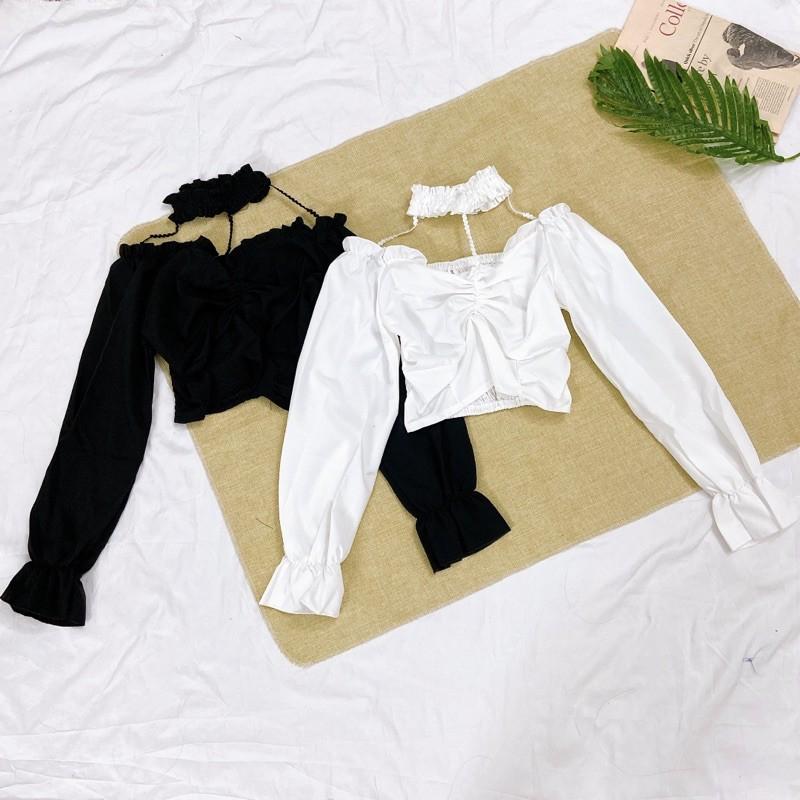 Áo sơmi croptop mix choker cá tính mẫu 2021