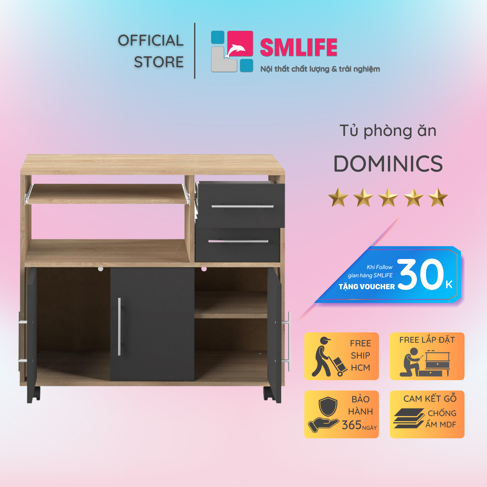 Tủ phòng ăn gỗ hiện đại SMLIFE Dominics | Gỗ MDF dày 17mm chống ẩm | D90xR40xC75cm