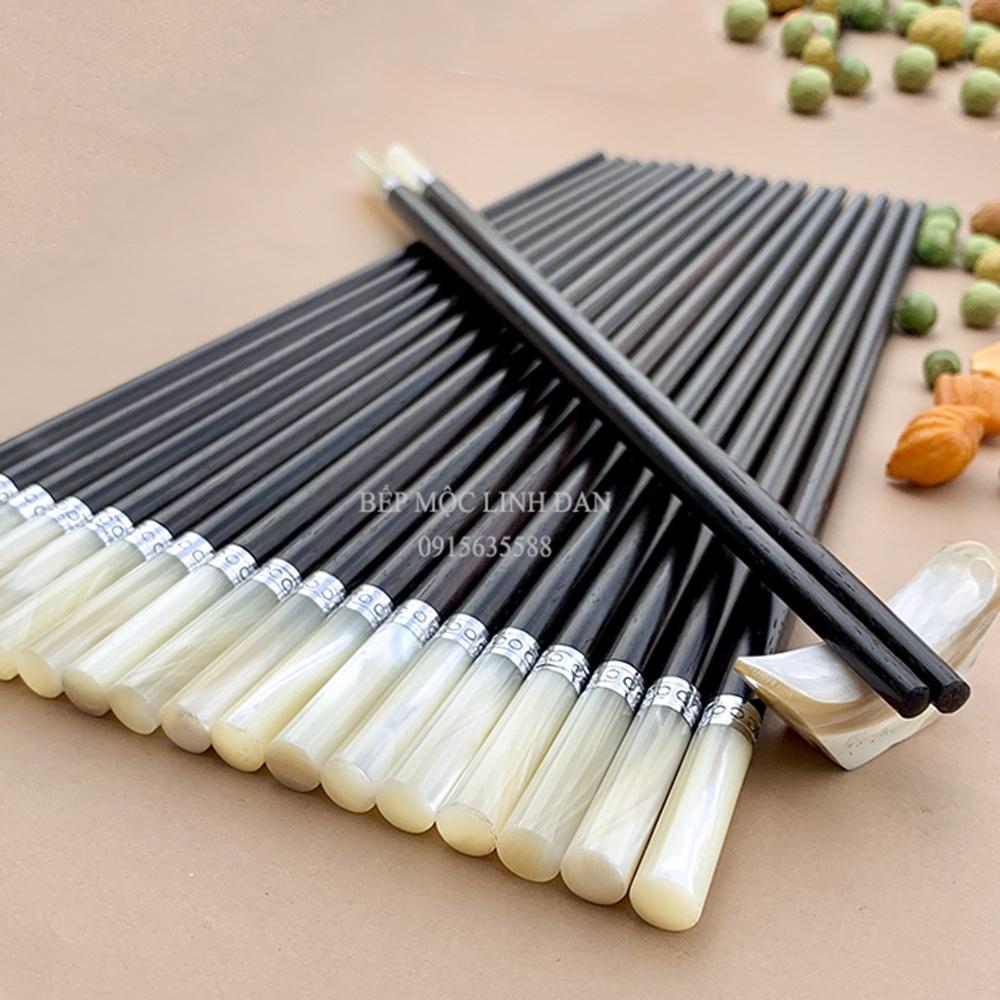 Đũa Cao Cấp Gỗ Trắc Đầu Ốc Biển Đai Bạc HAHANCO Bộ 10 Đôi Tròn