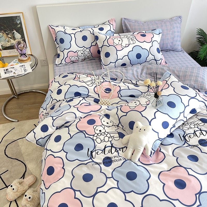 Bộ chăn ga gối Cotton poly nhập khẩu họa tiết hoa đáng yêu. Set 4 chi tiết.T72