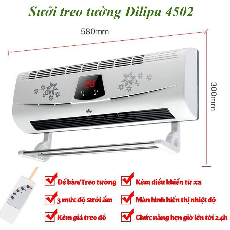 Máy sưởi phòng ngủ, nhà tắm ️Dilipu 4502️ Sưởi treo tường điều khiển từ xa hiển thị nhiệt độ công suất 1500W